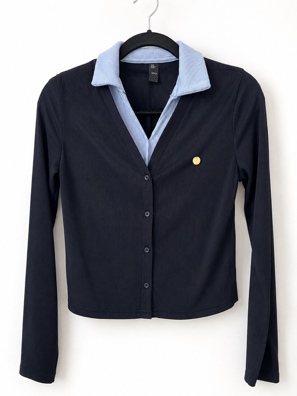 Cider Navy Long Sleeve faux cardigan with Light Blue Contrast Sewn In